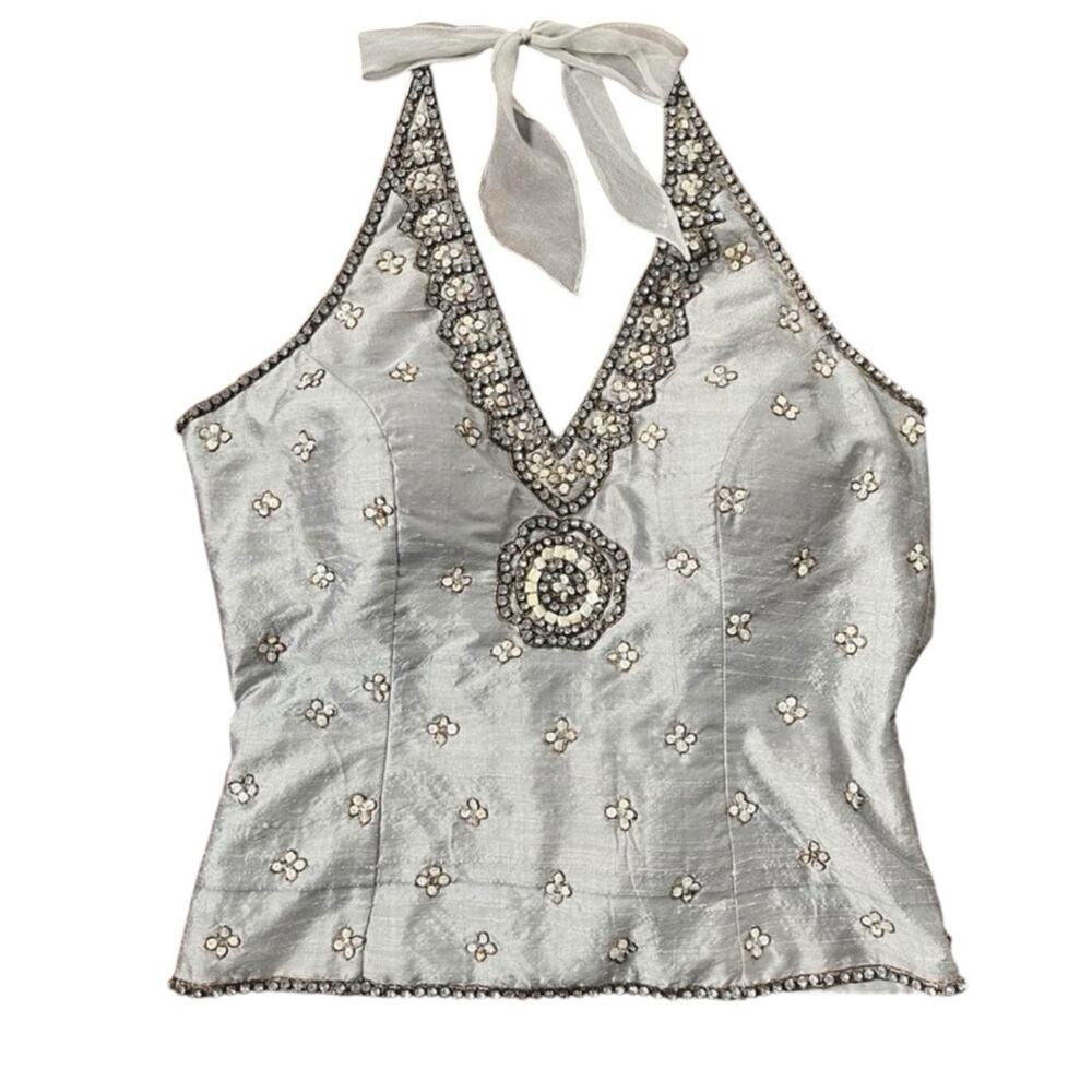 NWT Vintage Aftershock Deadstock 100% Silk Silver Beaded Halter Corset Top
